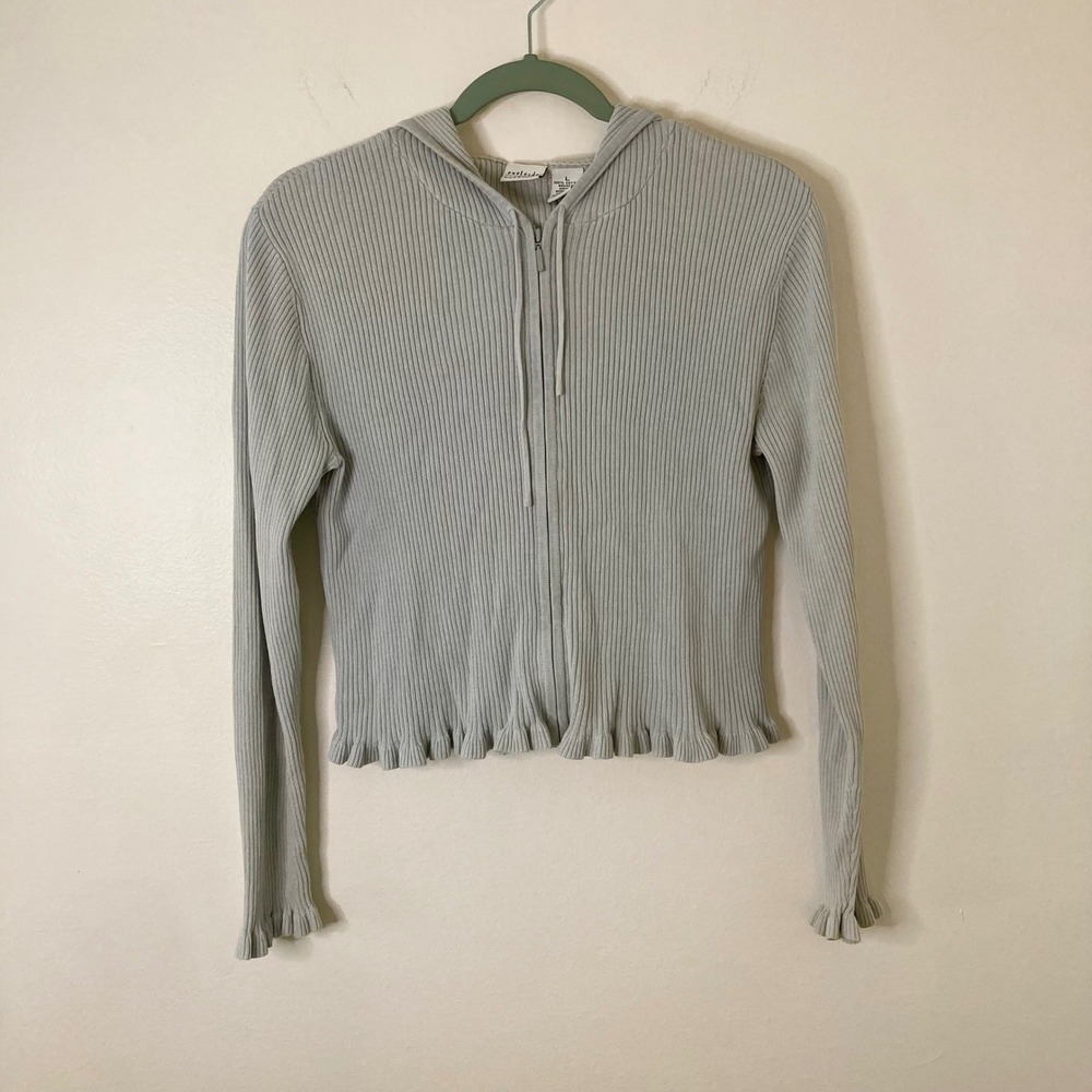 Y2K Eastside Westside Vintage Ribbed Knit Zip Up Hoodie Ruffle Trim Blue Gray L